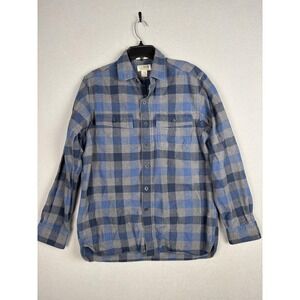 LL Bean Shirt Mens Medium Blue Gray Plaid Chamois Cloth Flannel Button Up